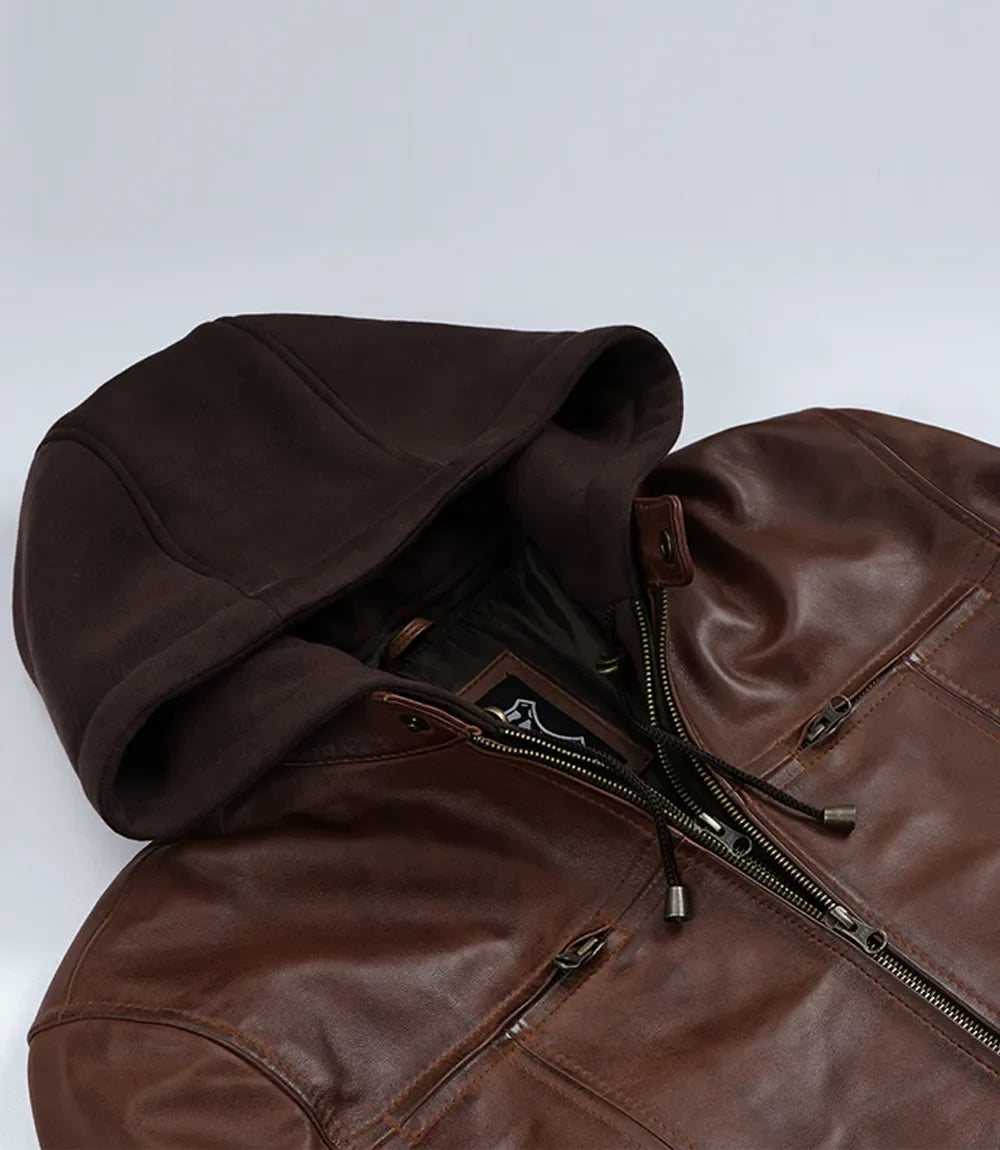 Mens Cognac Waxed Biker Style Leather Jacket with Hood