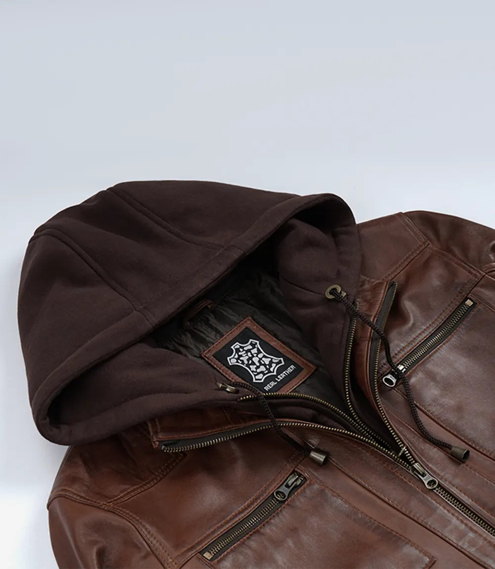 Mens Cognac Waxed Bomber Leather Jacket With Hood