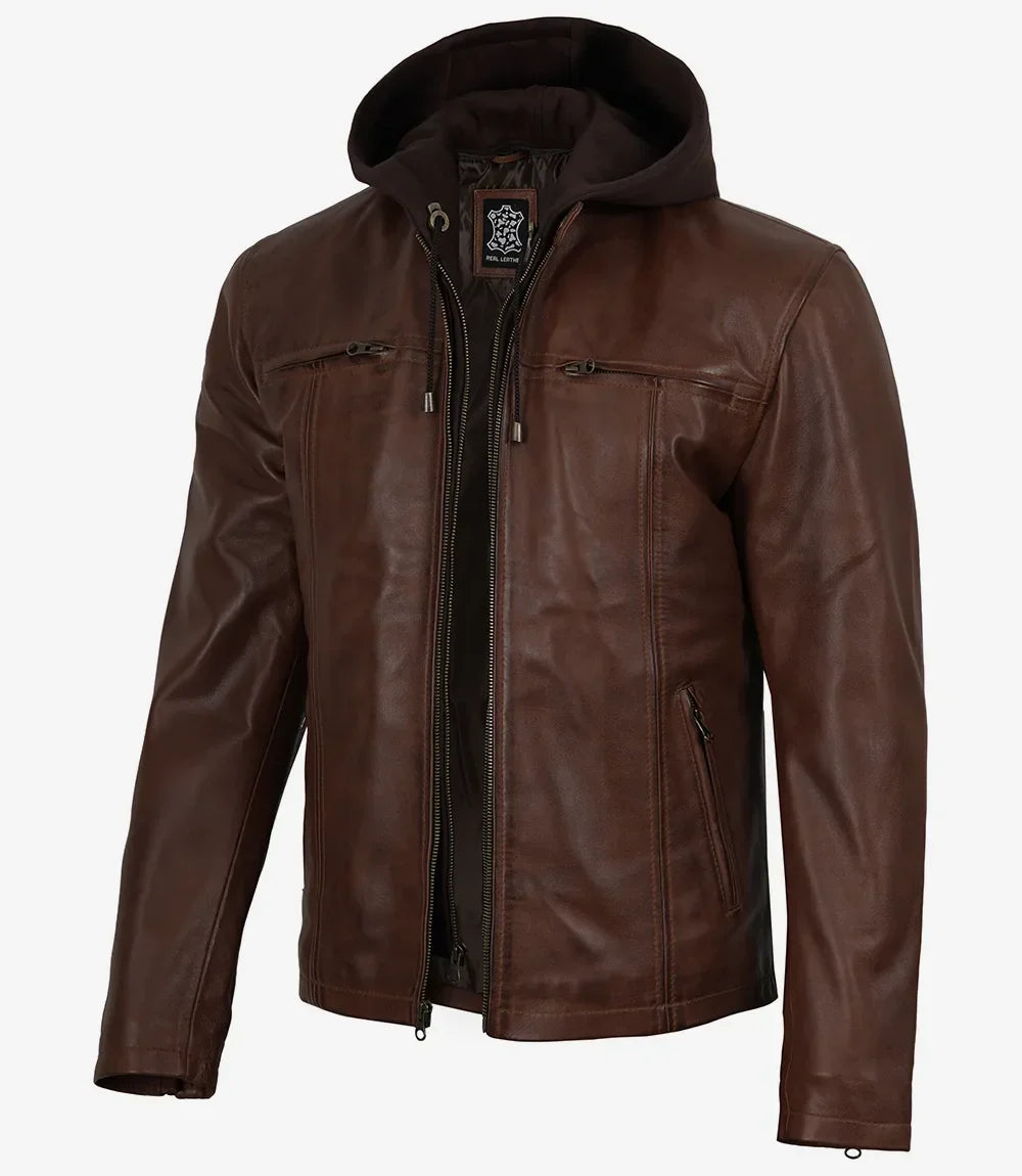 Mens Cognac Waxed Biker Style Leather Jacket with Hood