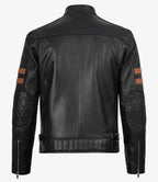Men's Black Leather Biker Style Jacket with Tan Arm Stripes