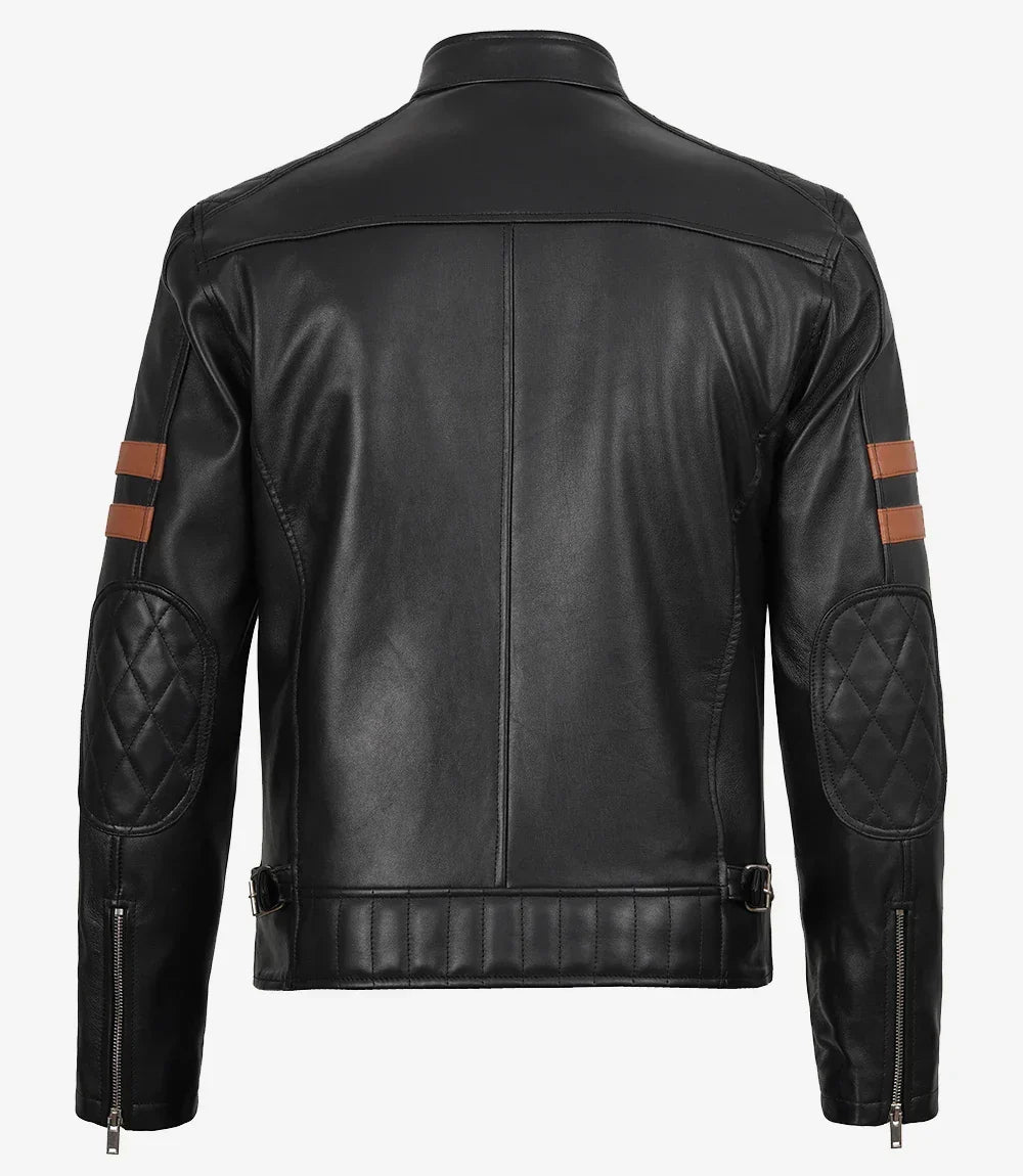 Men's Black Leather Biker Style Jacket with Tan Arm Stripes
