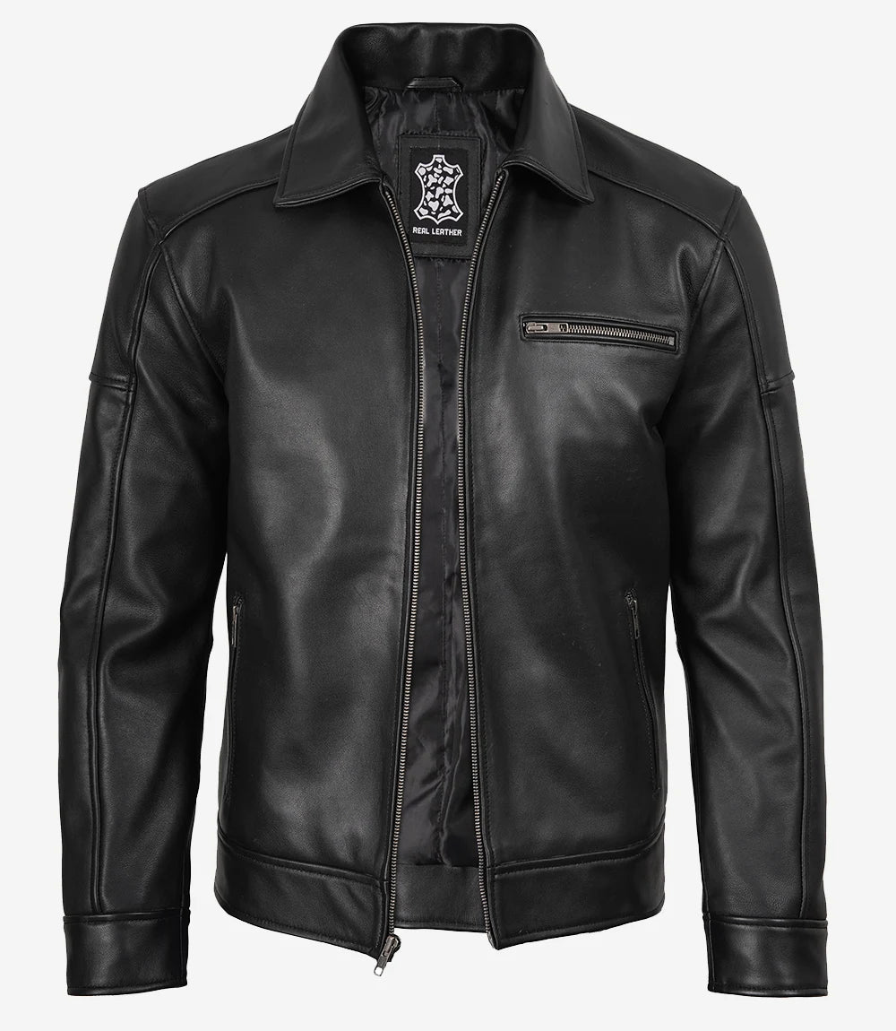 Men's Neville Black Lambskin Leather Harrington Jacket