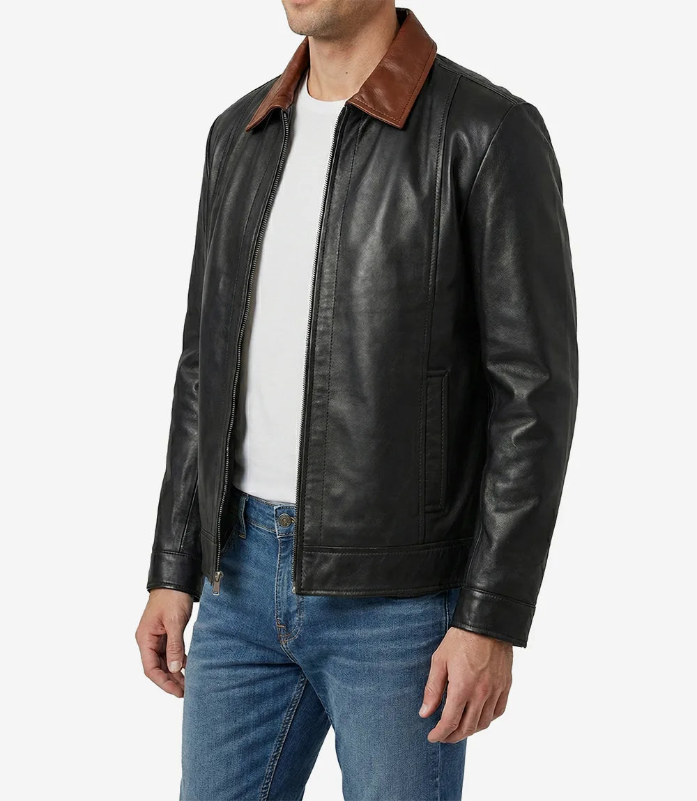 Mens Cognac Shirt Collar Black Harrington Leather Jacket