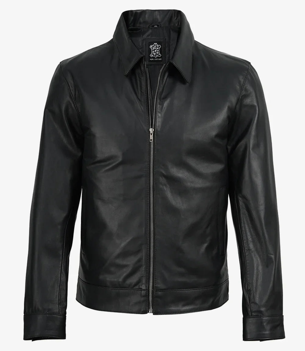 Michael Men's Black Cowhide Leather Jacket with Shirt Collar