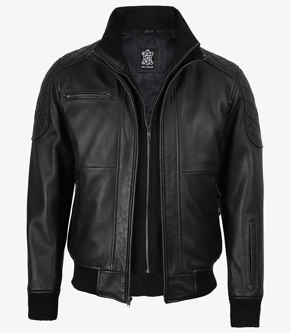 Men's Black Quilted Leather Bomber Jacket with Removable Hood