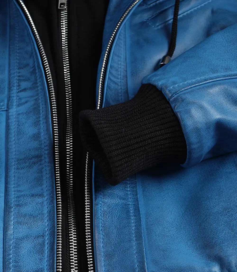Women's Real Leather Blue Waxed Bomber Jacket with Removable Hood