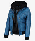 Women's Real Leather Blue Waxed Bomber Jacket with Removable Hood