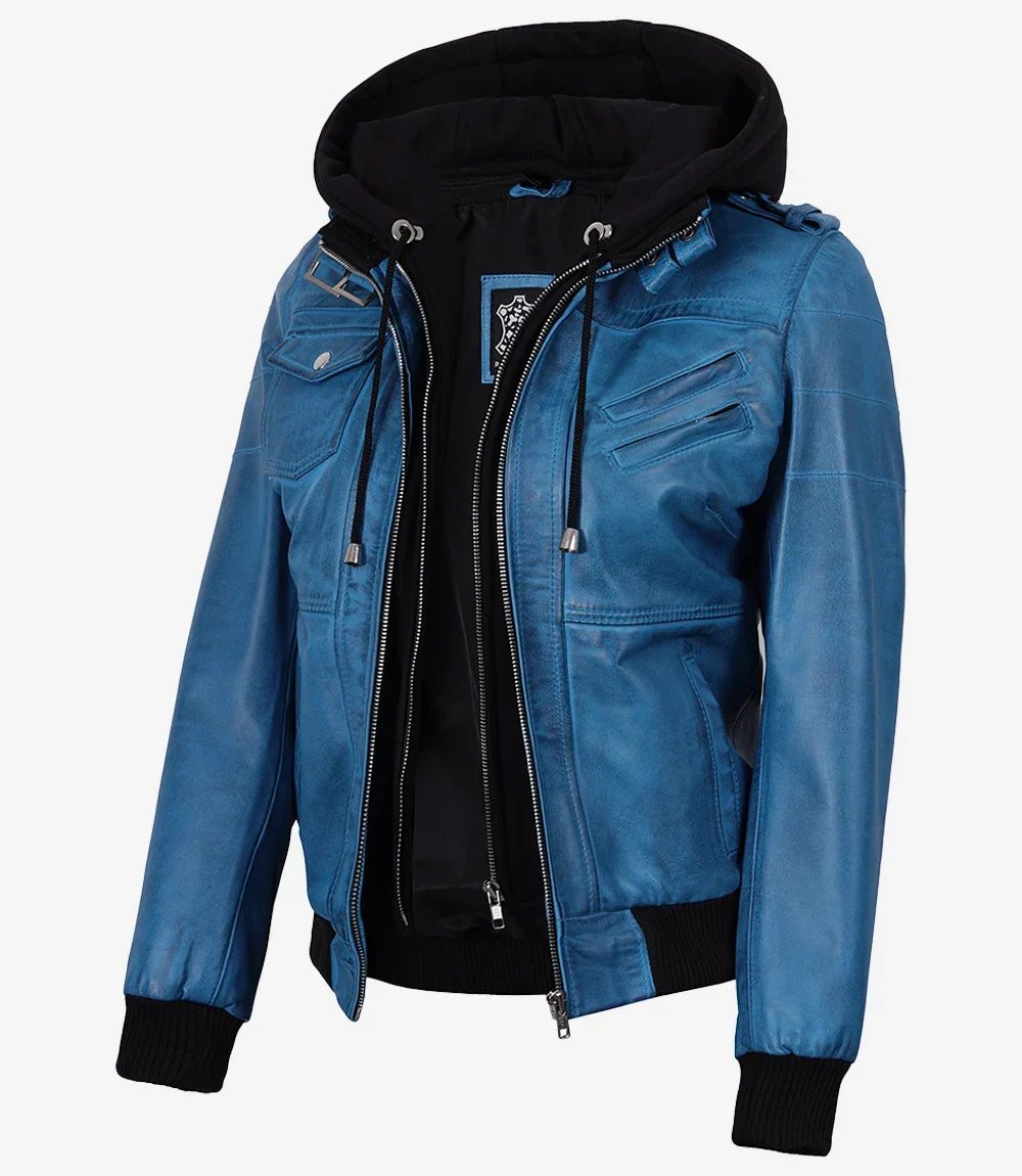 Women's Real Leather Blue Waxed Bomber Jacket with Removable Hood