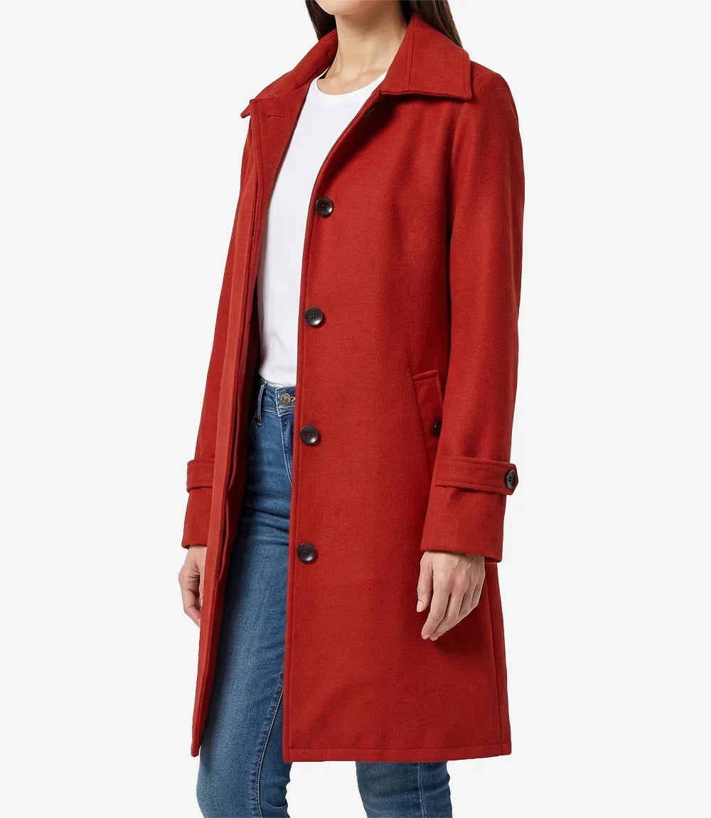 Womens Knee Length Red Wool Blend Coat