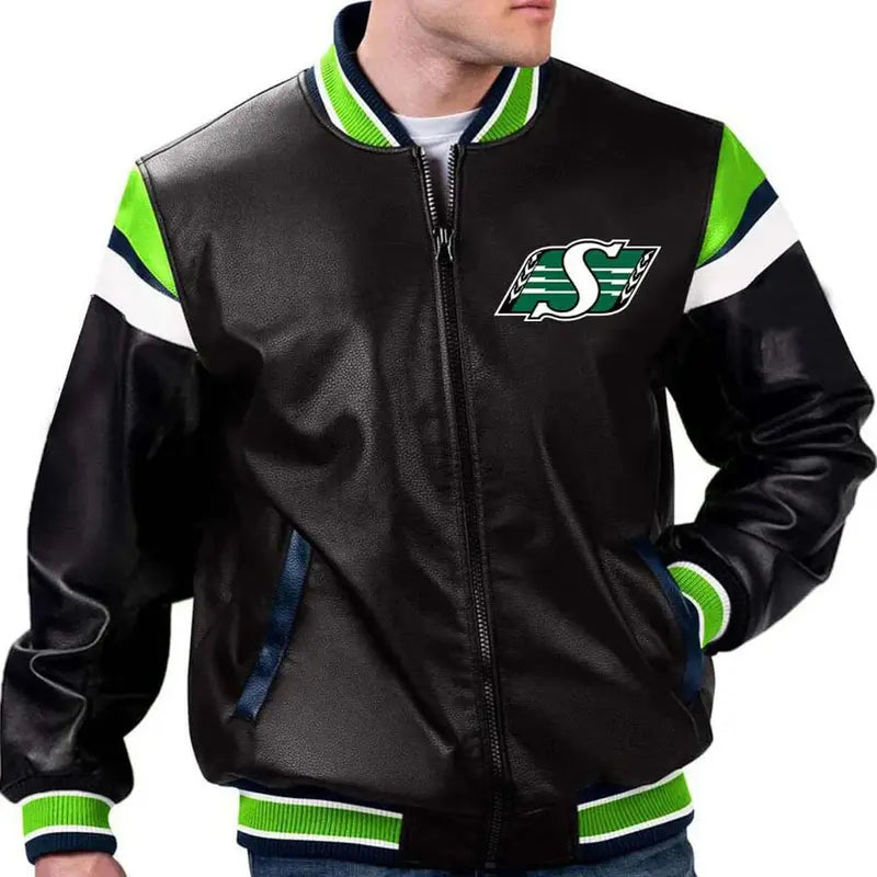 Saskatchewan Roughriders Black Leather Bomber Jacket