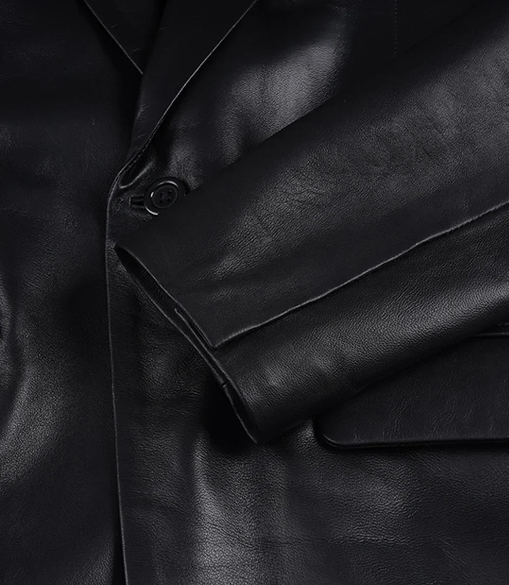Men's Single Button Black Leather Blazer - Shawl Lapel