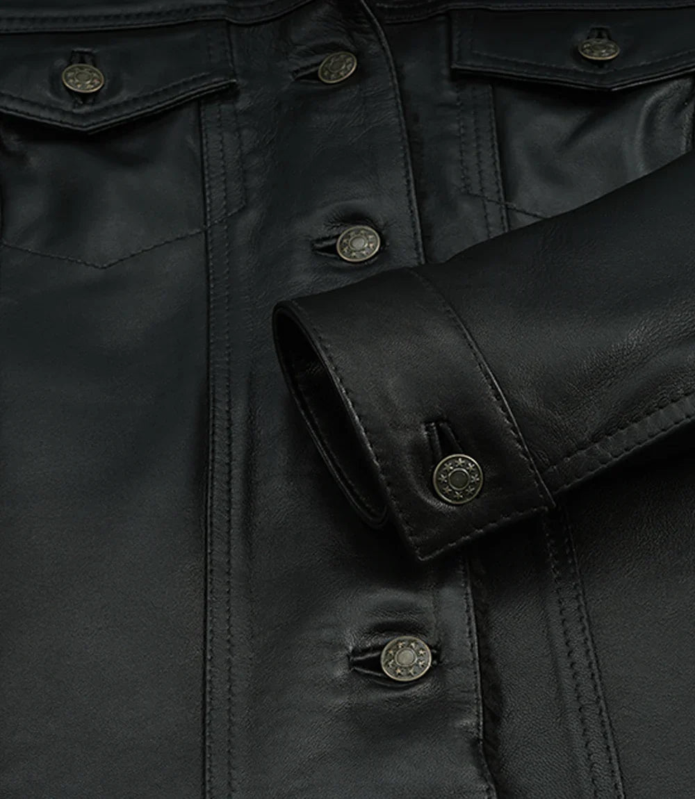 Women's Black Leather Trucker Jacket with Sherpa Lining