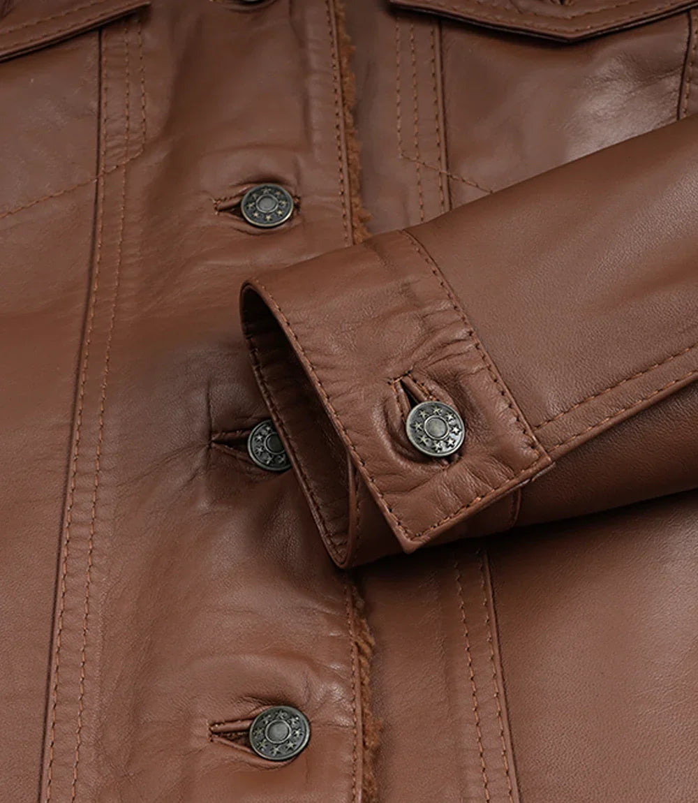 Women's Cognac Leather Trucker Jacket with Sherpa Lining
