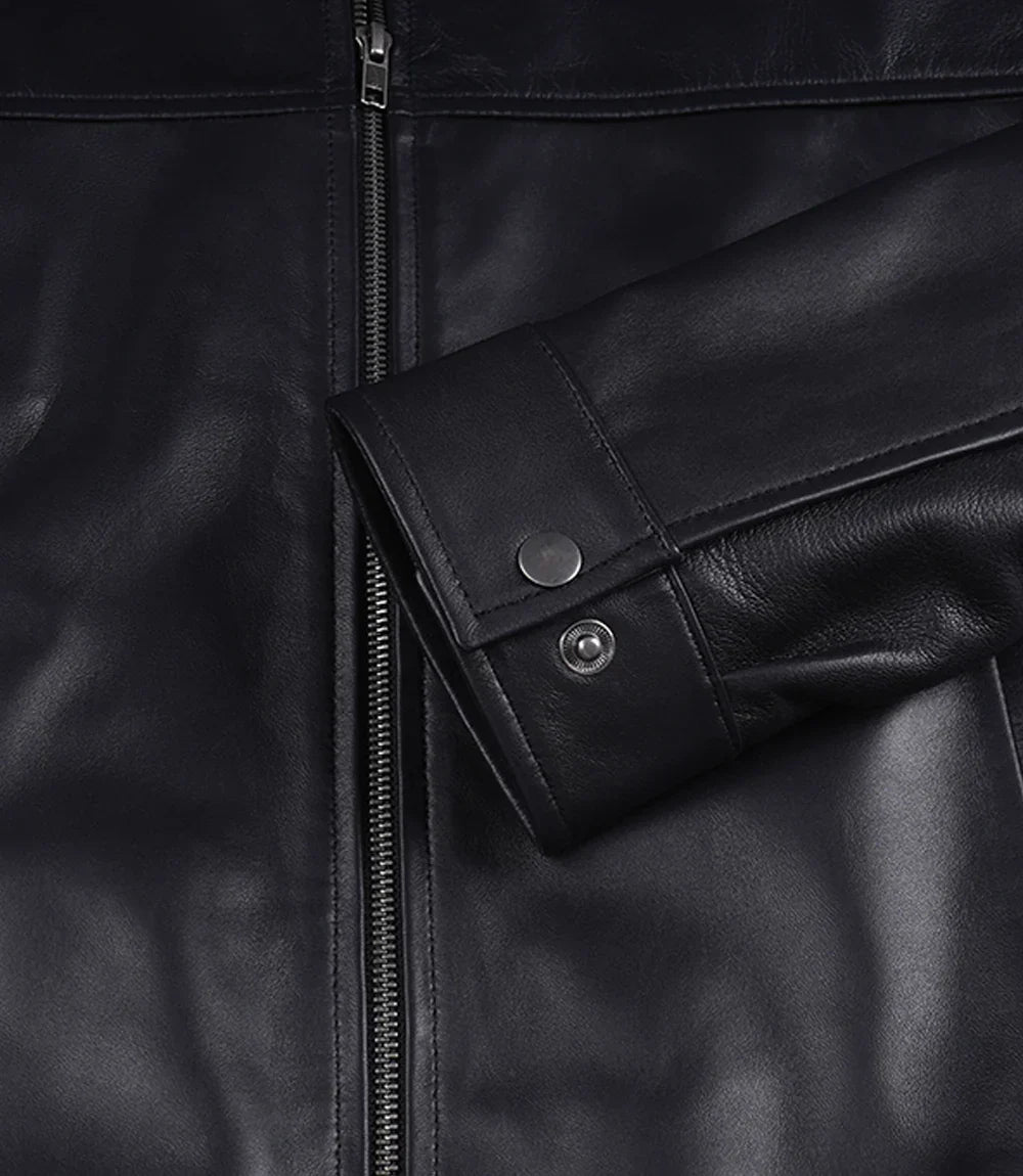 Black Classic Shirt Collar Leather Bomber Jacket for Men