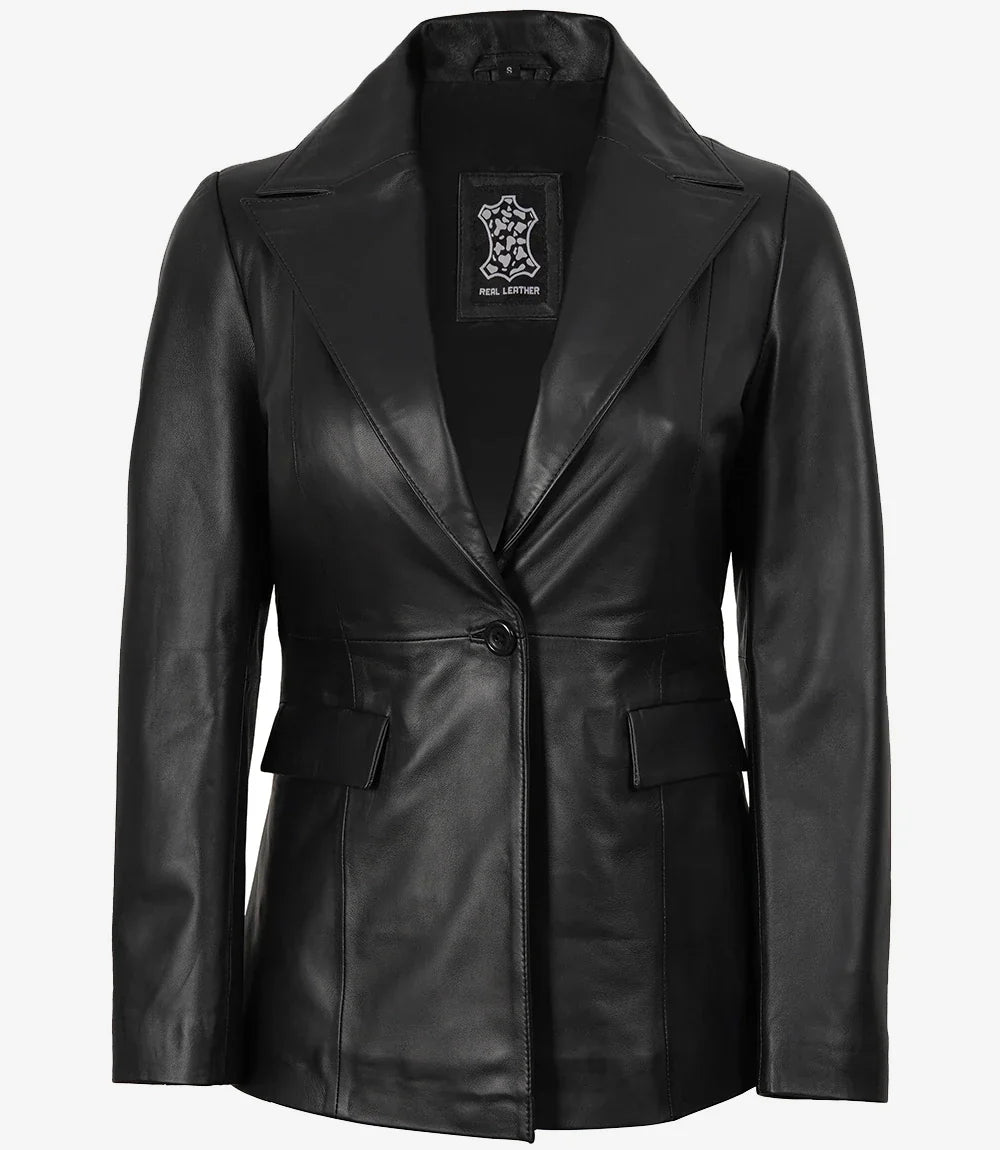 Womens Peak Lapel Black Leather Blazer - Single Button Closure