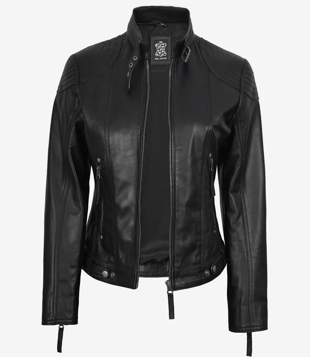 Tonja Womens Real Leather Black Jacket With Hood