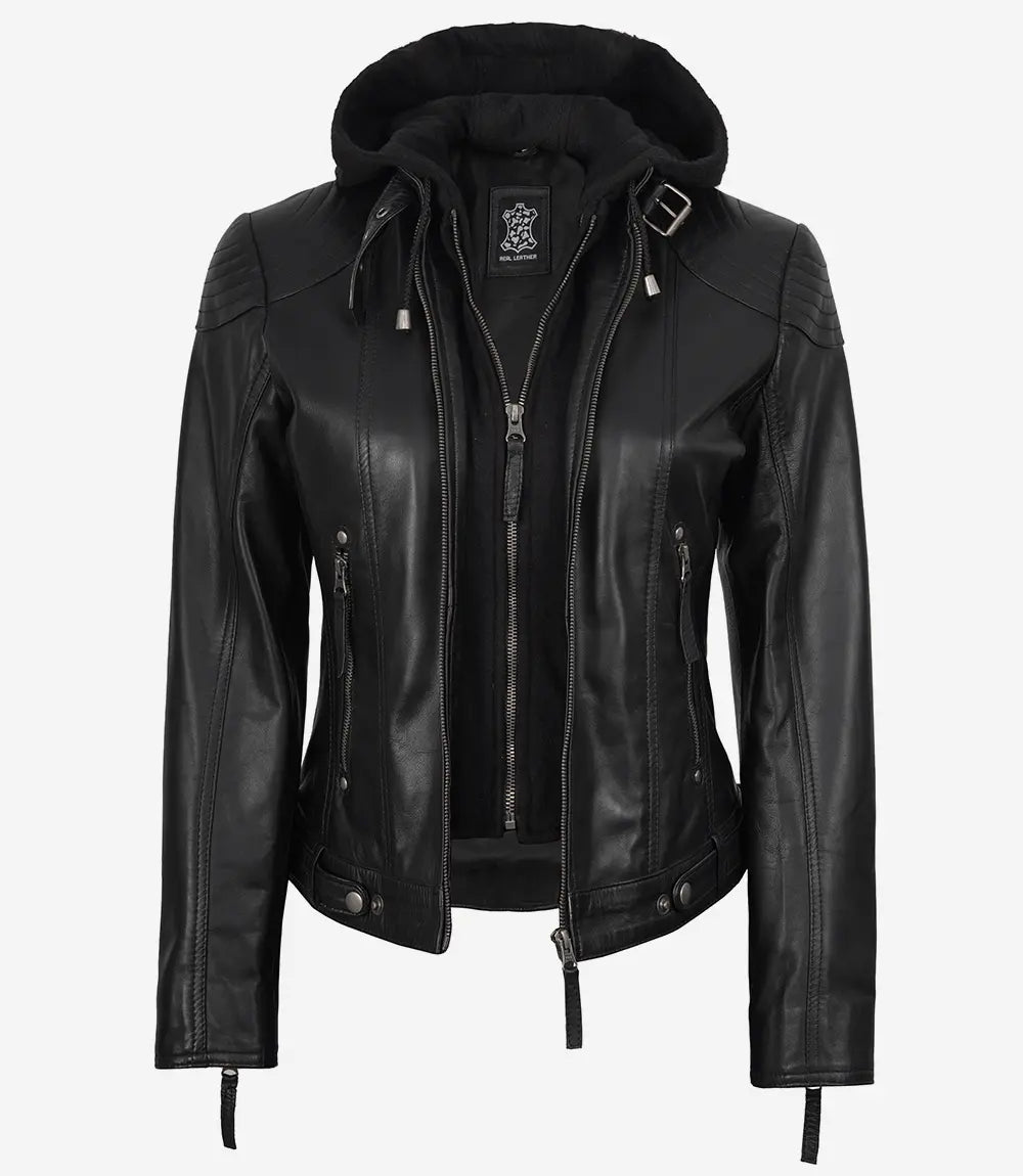 Tonja Womens Real Leather Black Jacket With Hood