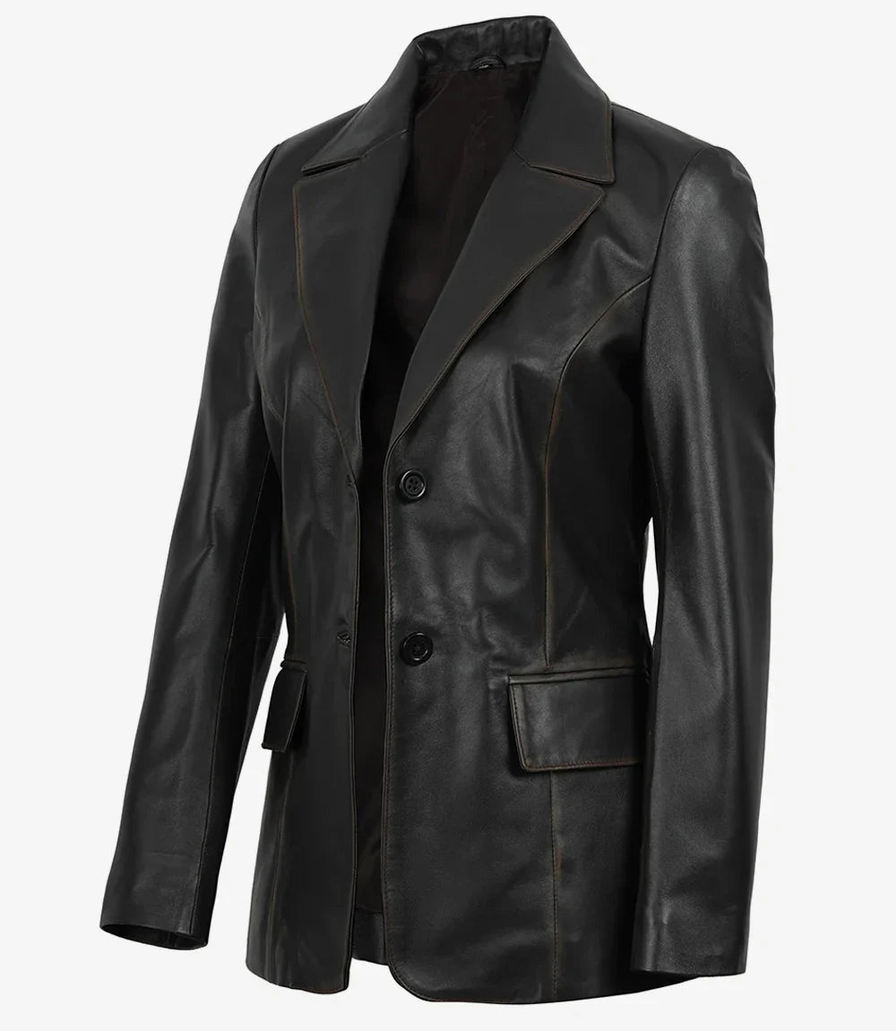 Women's Waxed Dark Brown Two Button Leather Blazer