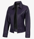 Women's Purple Waxed Shirt Collar Harrington Leather Jacket