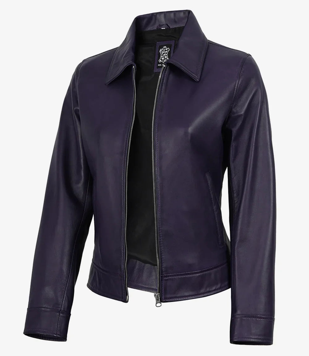 Women's Purple Waxed Shirt Collar Harrington Leather Jacket