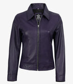 Women's Purple Waxed Shirt Collar Harrington Leather Jacket