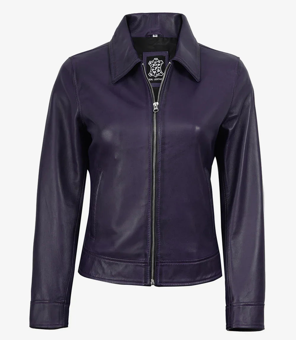 Women's Purple Waxed Shirt Collar Harrington Leather Jacket