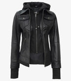 The Celeste: Womens Tall Black Bomber Leather Jacket With Removable Hood