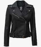 Margaret Womens Asymmetrical Black Biker Leather Jacket With Belt