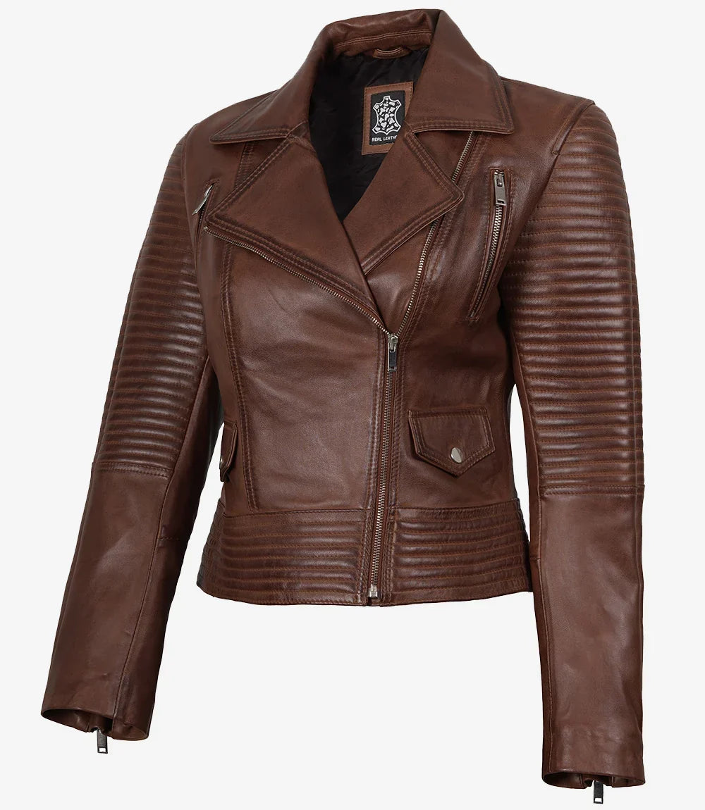 Women's Asymmetrical Cognac Leather Biker Style Jacket