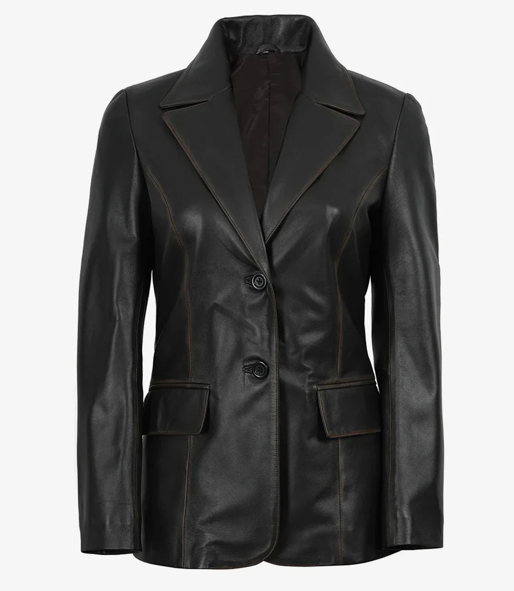 Women's Waxed Dark Brown Two Button Leather Blazer