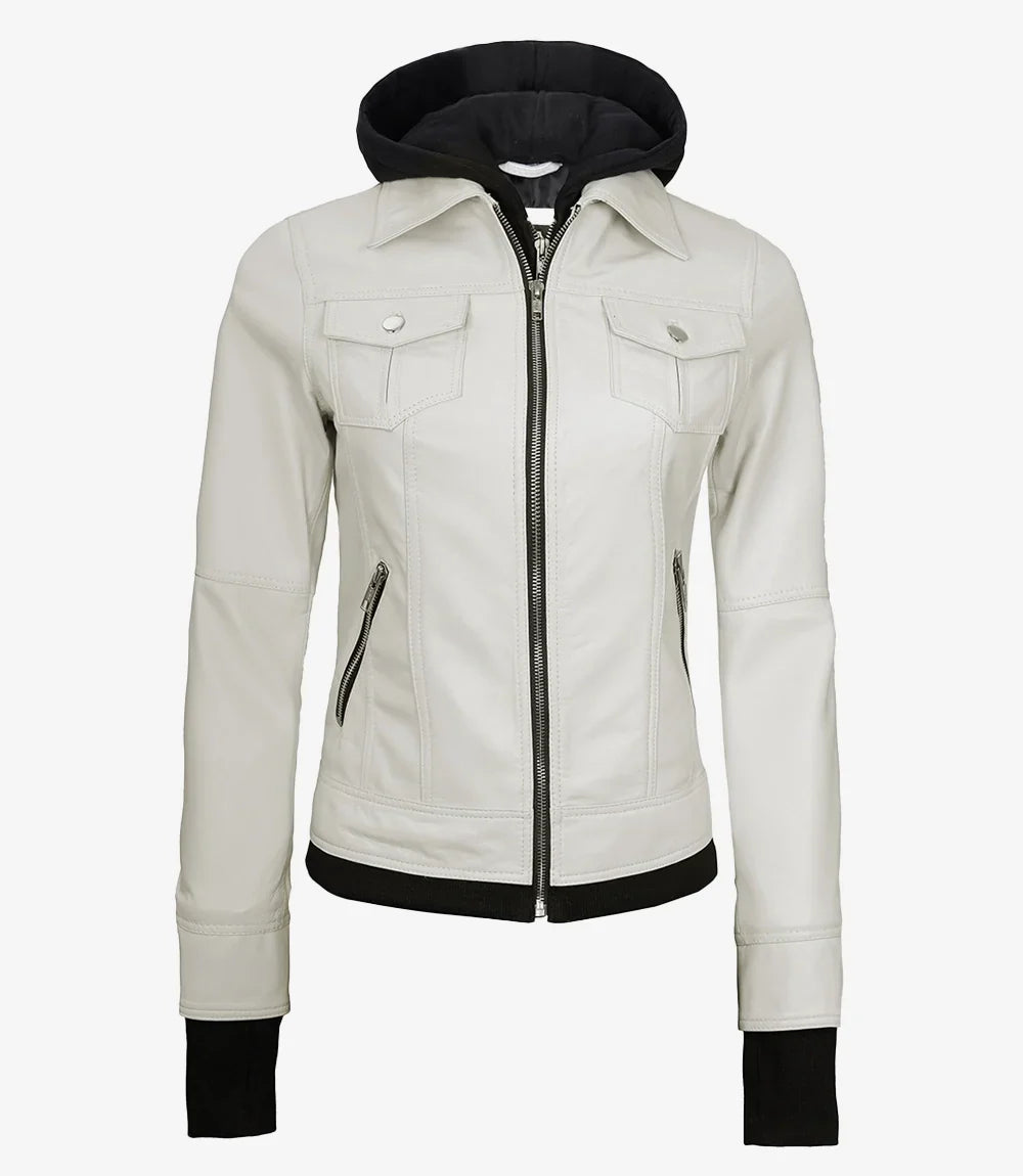 Womens Off White Bomber Leather Jacket with Removable Hood