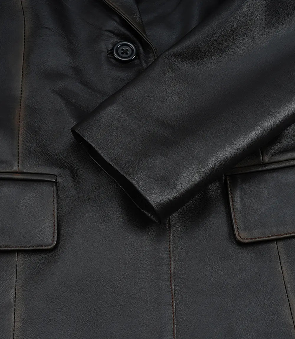 Women's Waxed Dark Brown Two Button Leather Blazer