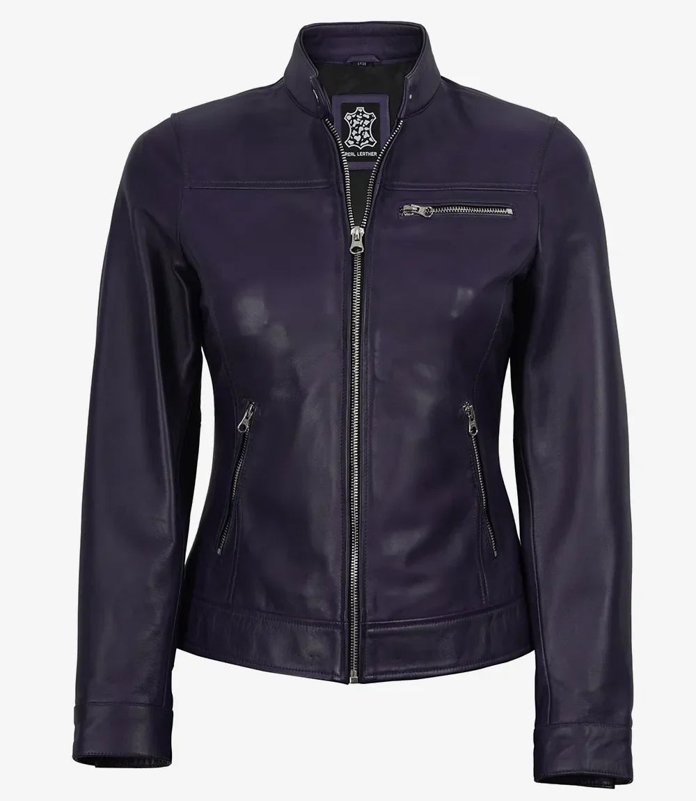 Women's Purple Waxed Lambskin Biker Style Leather Jacket