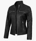 Women's Matte Black Leather Cafe Racer Jacket with Gold Zippers