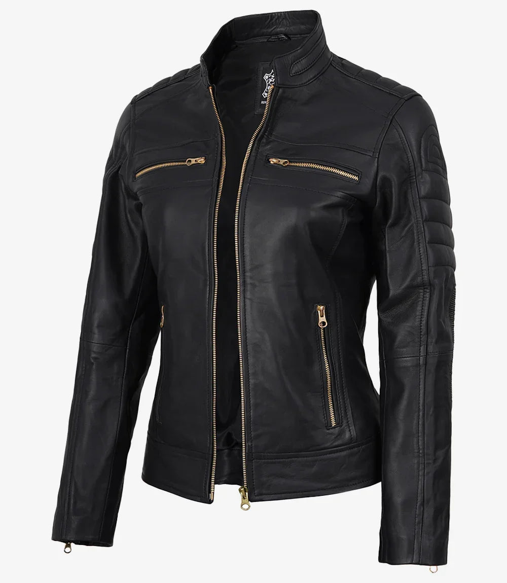 Women's Matte Black Leather Cafe Racer Jacket with Gold Zippers