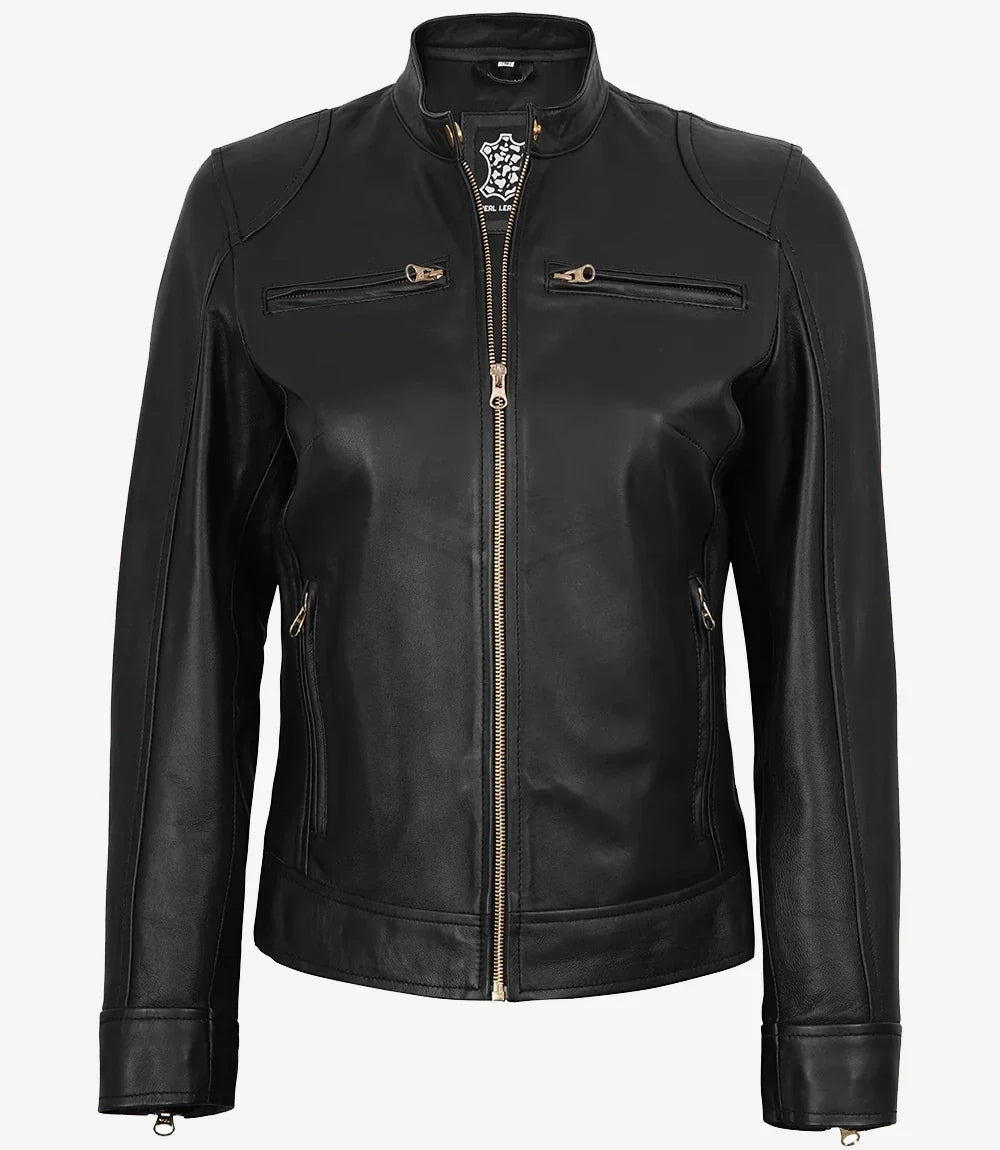 Womens Black Real Leather Biker Style Jacket - Golden Details