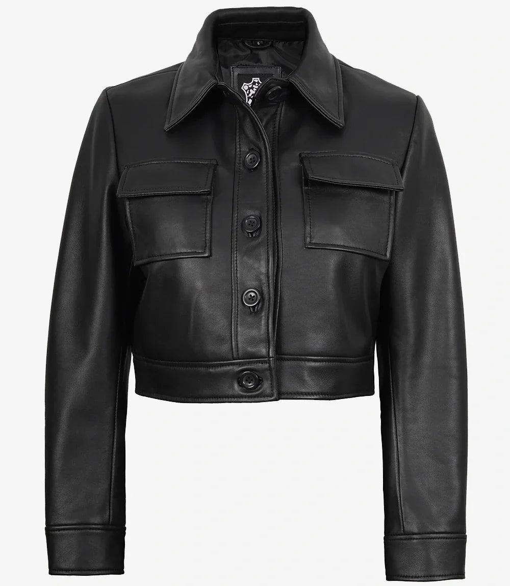 Womens Real Leather Black Cropped Trucker Jacket
