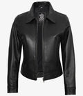 Womens Black Shirt Collar Harrington Leather Jacket