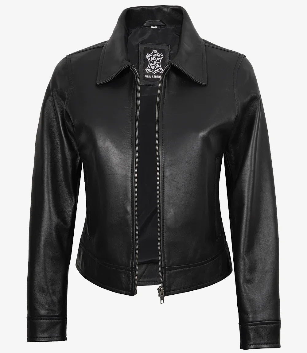 Womens Black Shirt Collar Harrington Leather Jacket
