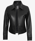 Womens Black Shirt Collar Harrington Leather Jacket