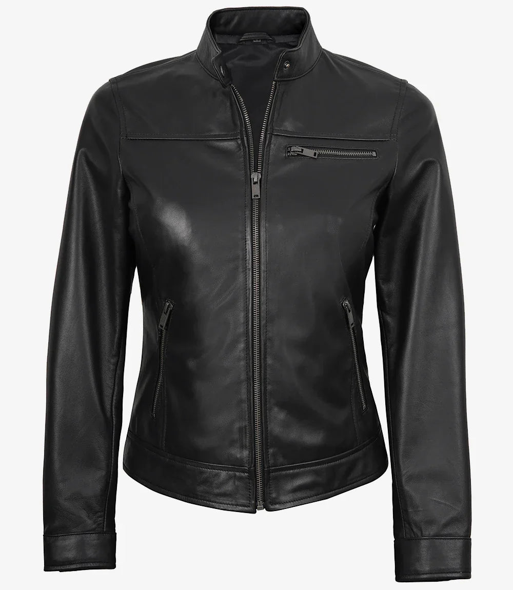 Womens Black Lambskin Biker Style Leather Jacket