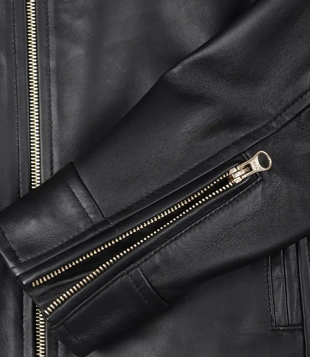 Womens Black Real Leather Biker Style Jacket - Golden Details