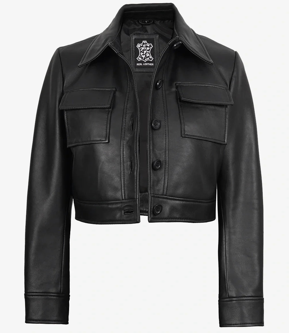 Womens Real Leather Black Cropped Trucker Jacket