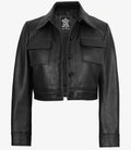 Womens Real Leather Black Cropped Trucker Jacket