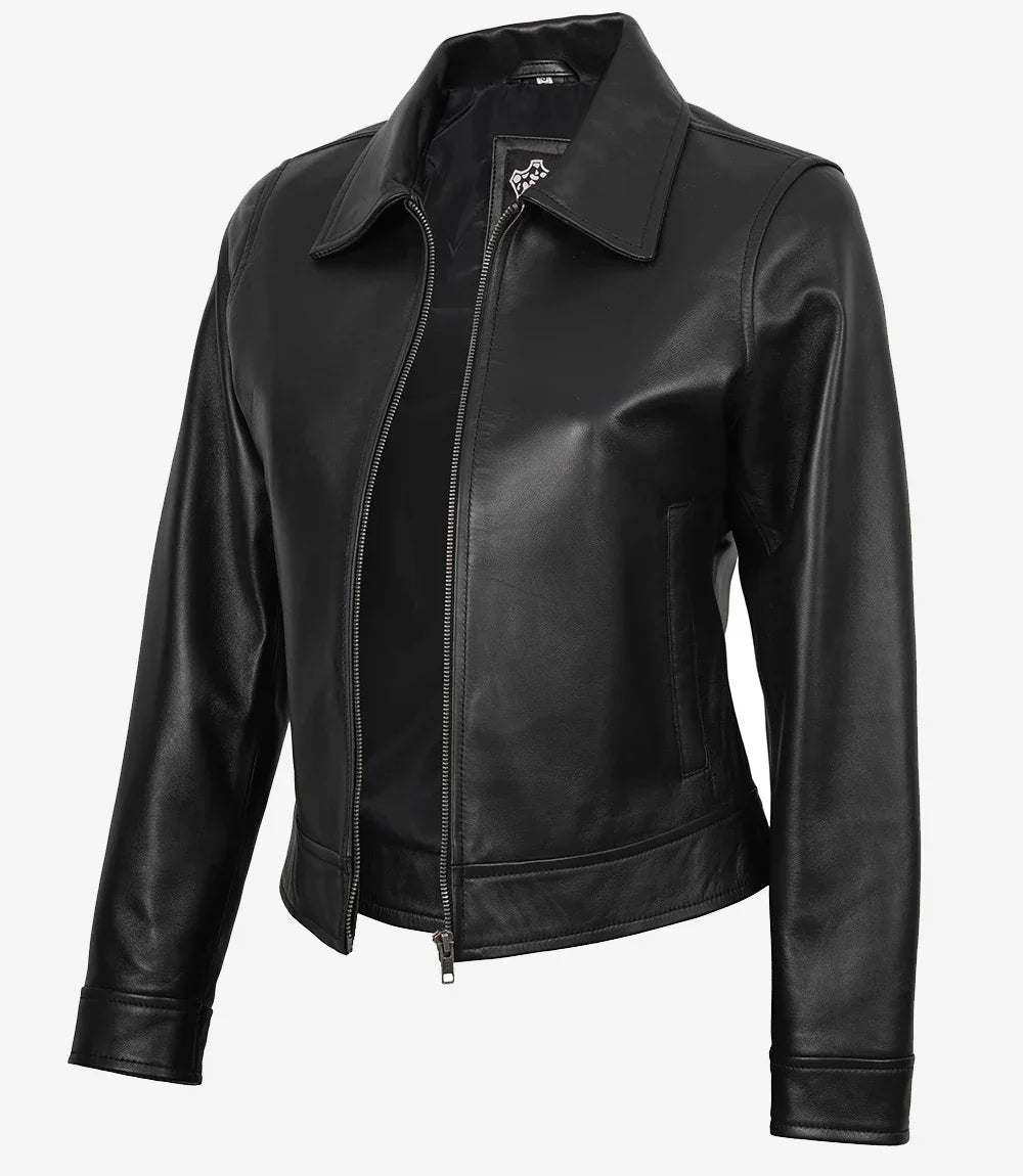 Womens Black Shirt Collar Harrington Leather Jacket