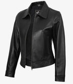 Womens Black Shirt Collar Harrington Leather Jacket