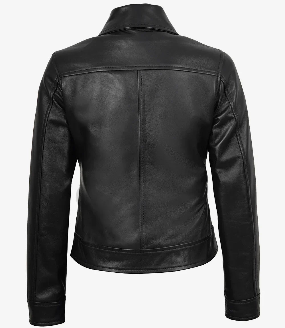 Womens Black Shirt Collar Harrington Leather Jacket
