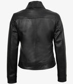 Womens Black Shirt Collar Harrington Leather Jacket