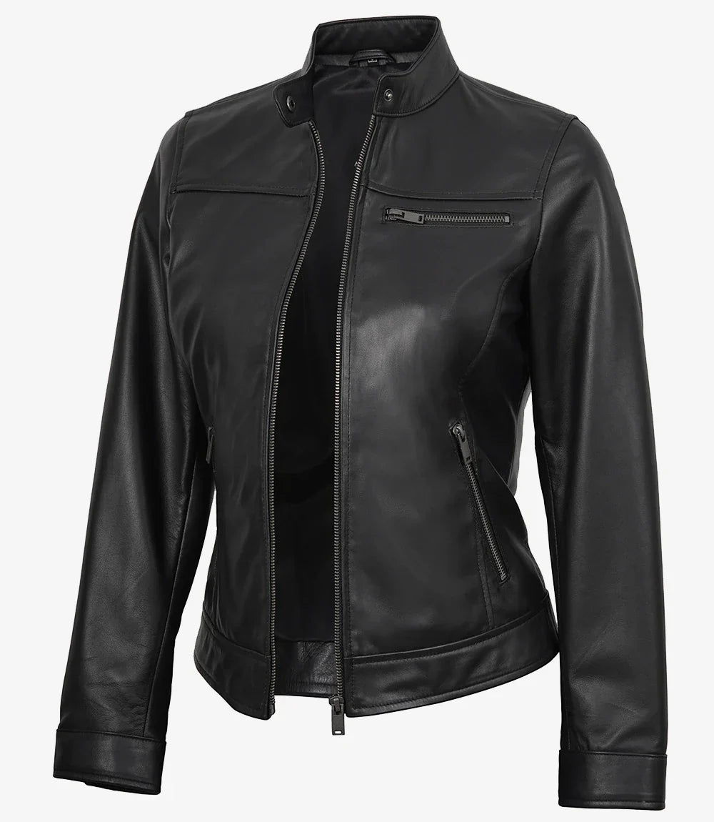 Womens Black Lambskin Biker Style Leather Jacket