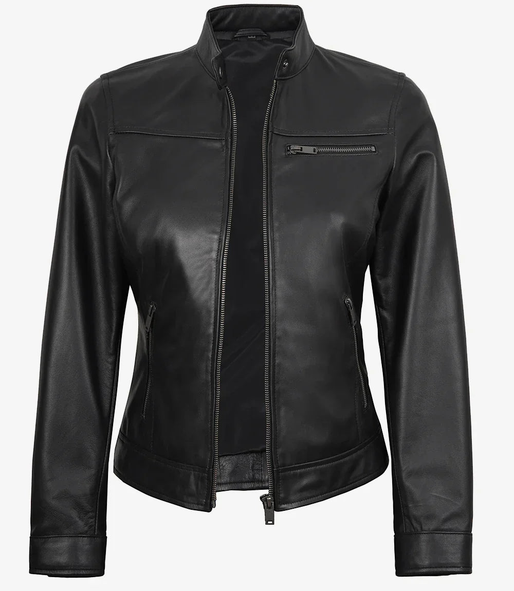 Womens Black Lambskin Biker Style Leather Jacket